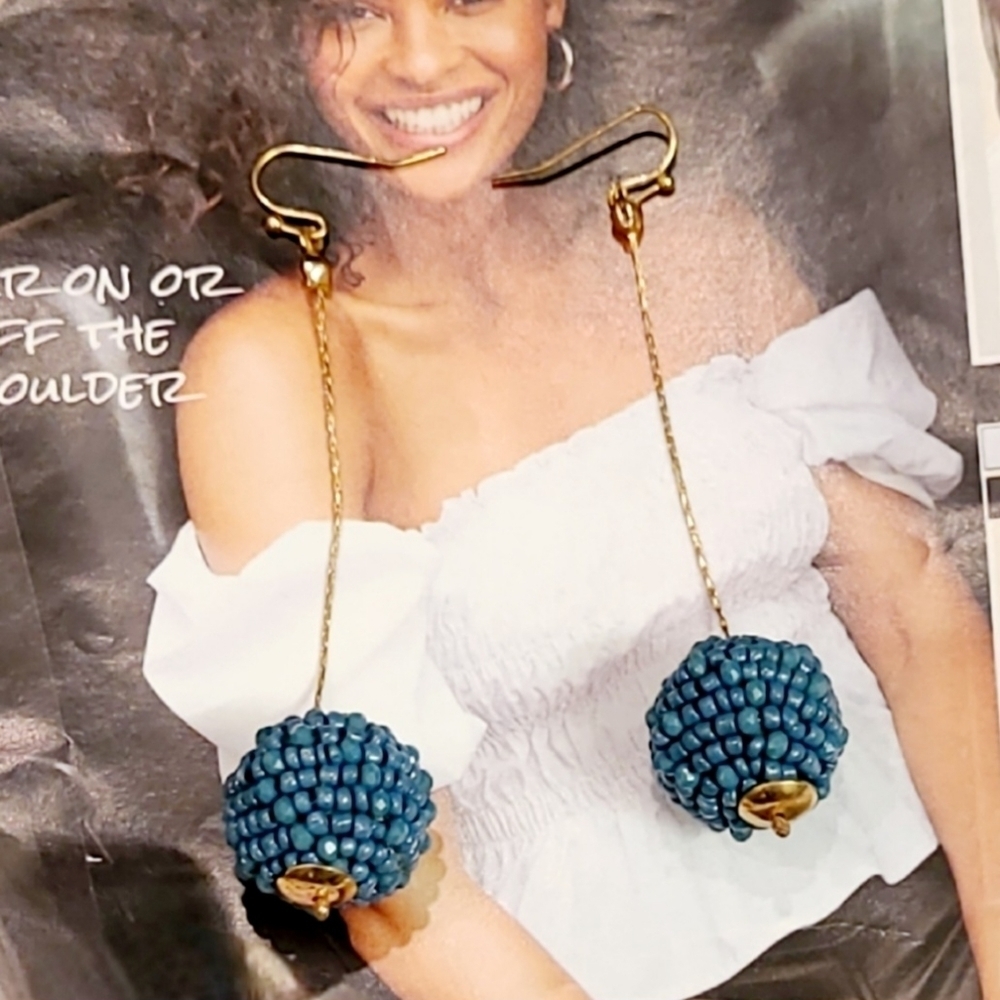 Blue Beaded Sphere Long Gold Chain Dangle Earrings